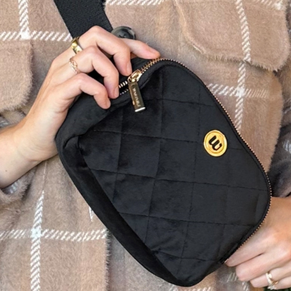 Wantable velvet cozytober belt bag fanny pack in black with gold hardware